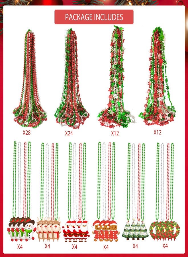 Becfupo 100 Pcs Christmas Beads Necklaces Bulk, Red Green Silver Beaded Necklaces With Xmas Tree Snowman Reindeer Santas Pendants For Chirstmas Party Favors - Image 2